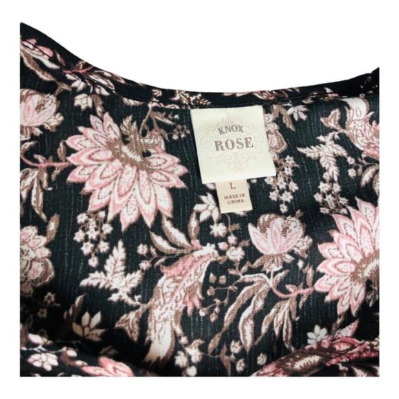 2167 Knox Rose Black Floral Lace Trim Tie Button Front Blouse Top Sz Large - Picture 2 of 10